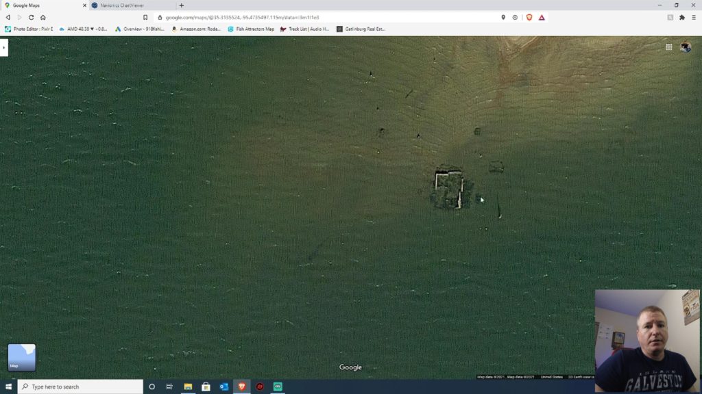 Old house foundation found using Google Earth satellite imagery for fishing spot research.