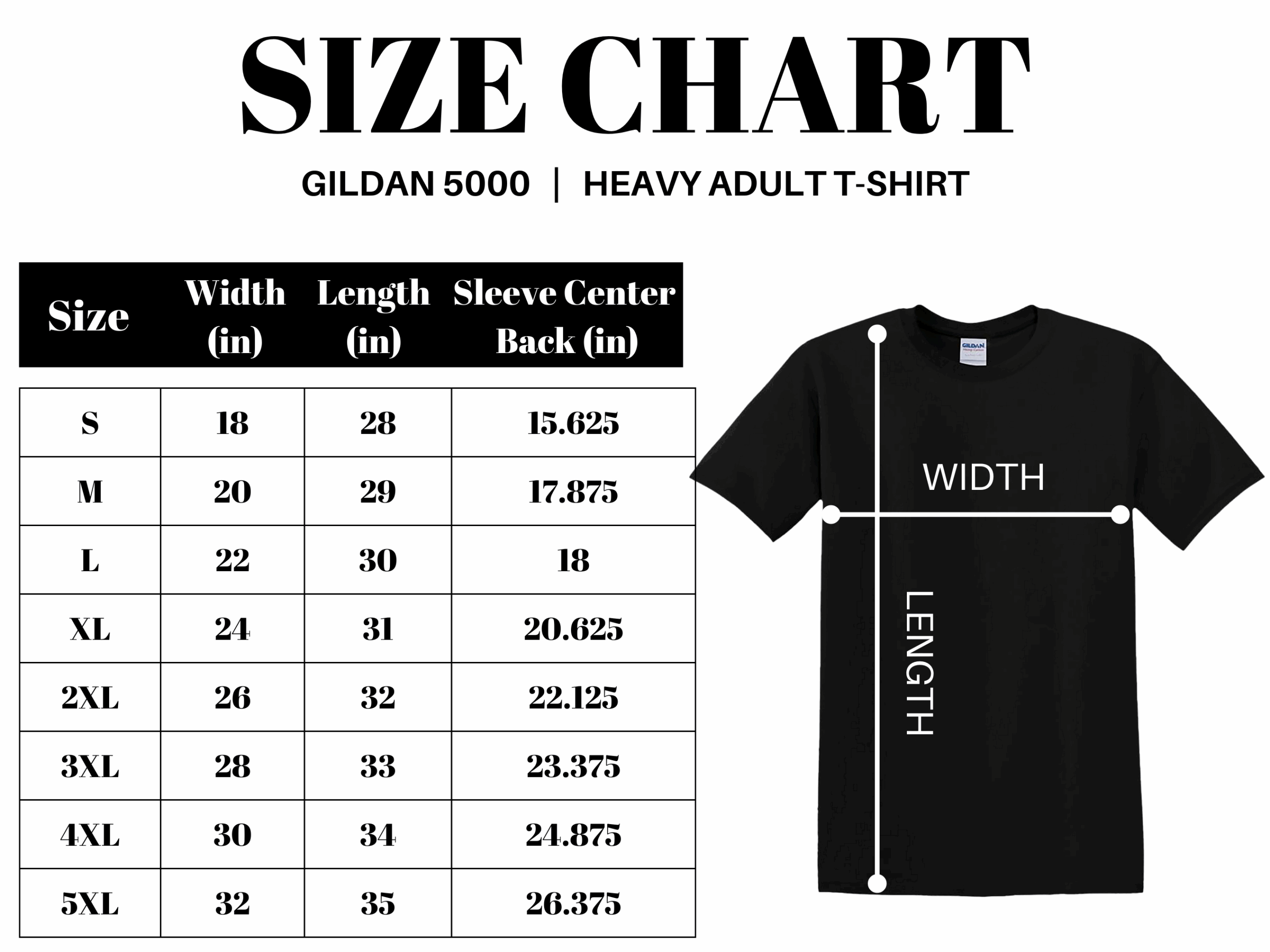 Gildan 5000 adult T-shirt size chart