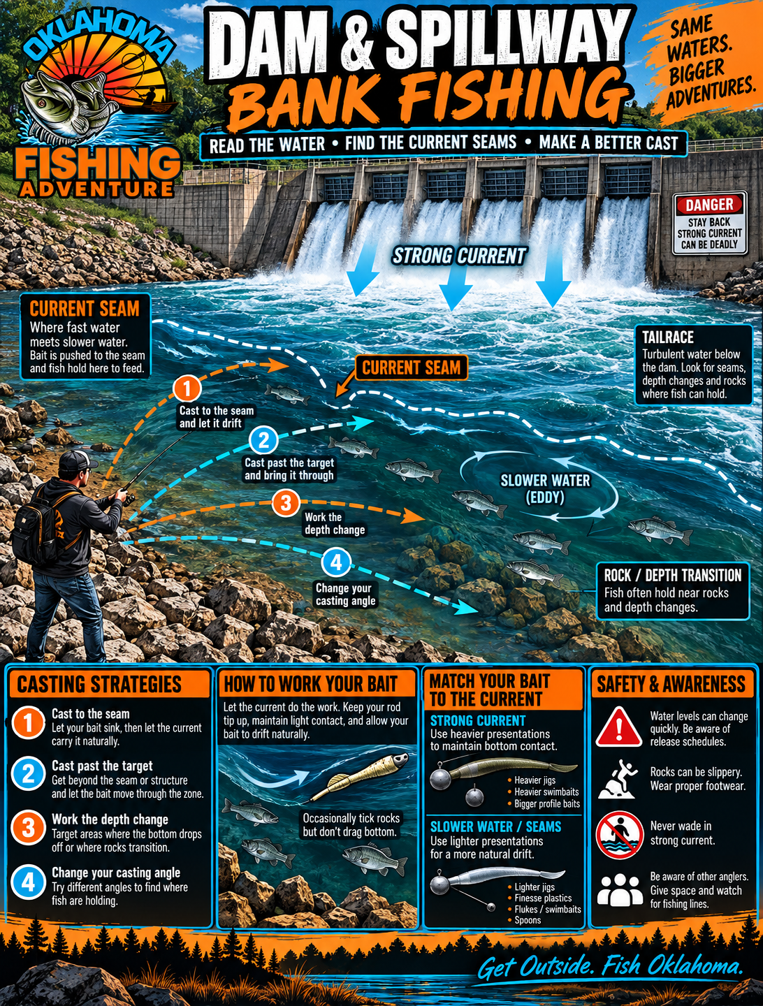 Bank fishing a dam and spillway by reading current seams, current breaks, rocks and depth
