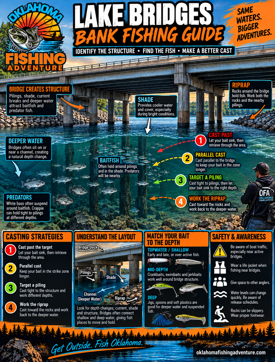 Bank fishing a lake bridge by targeting pilings, shade, riprap and depth changes