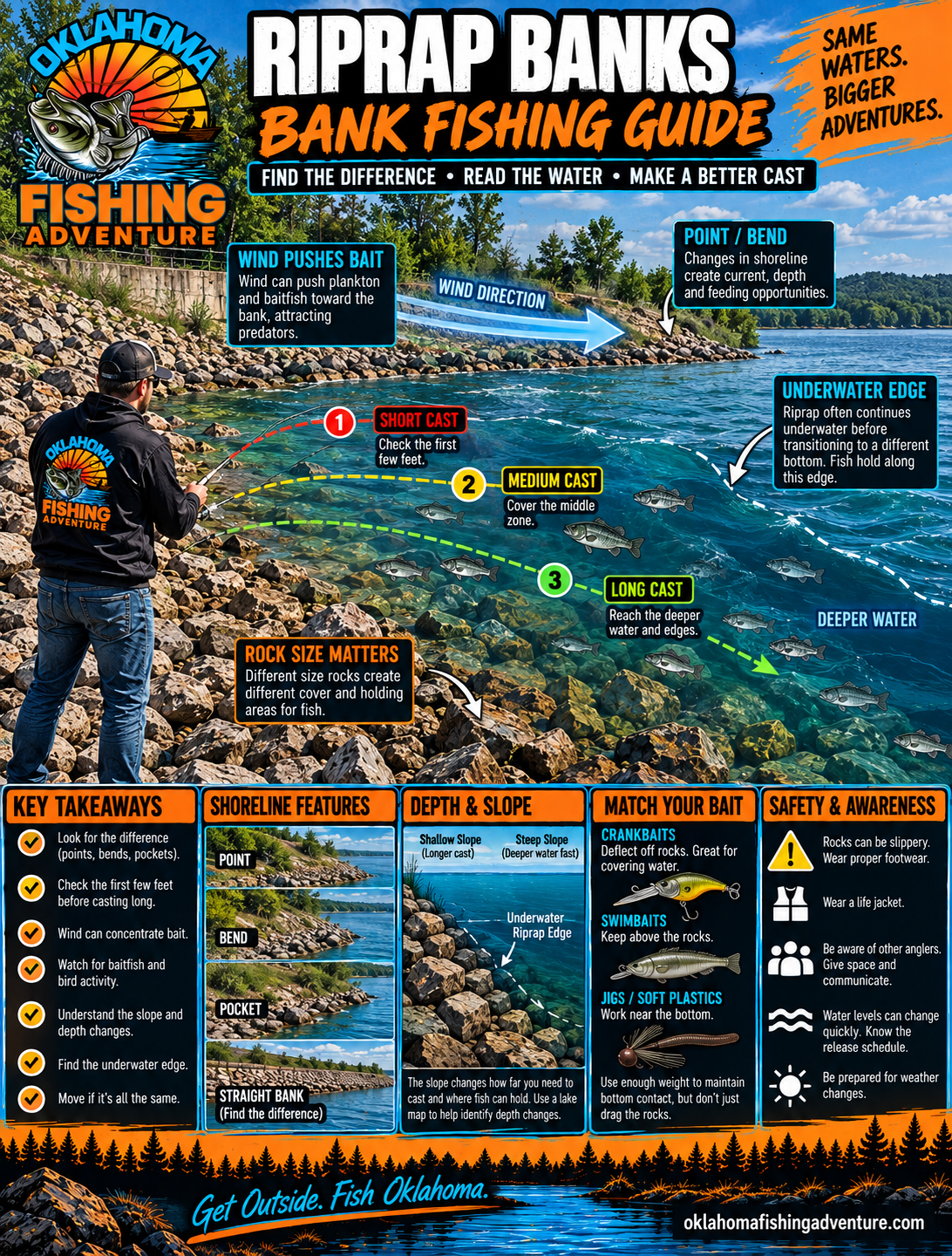 Bank fishing riprap by reading rock size, slope, wind, depth changes and the underwater edge