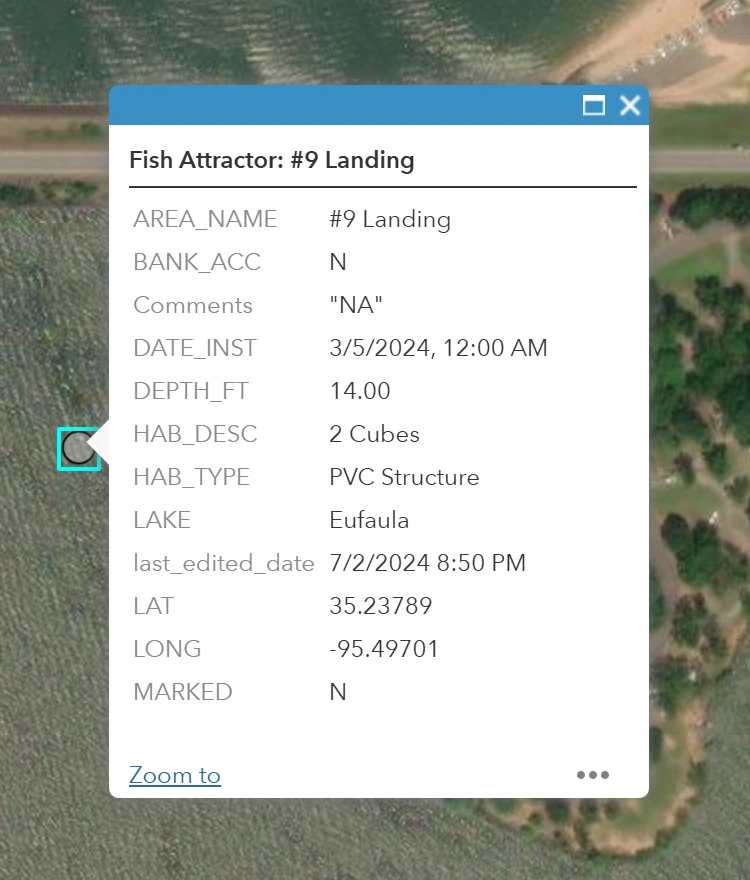 Close-up of the ODWC map popup for Eufaula #9 Landing, showing exact coordinates, listed depth, habitat type, marked status, and bank access.