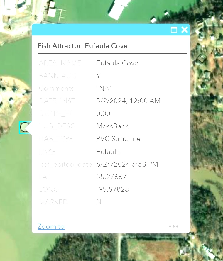 ODWC Fish Attractors Map waypoint details for a location at Eufaula Cove.