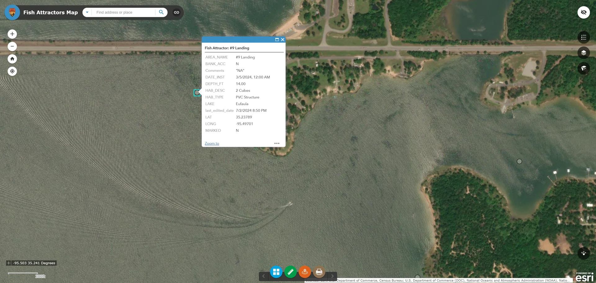Lake Eufaula map view with the #9 Landing fish attractor waypoint selected and its record popup open.