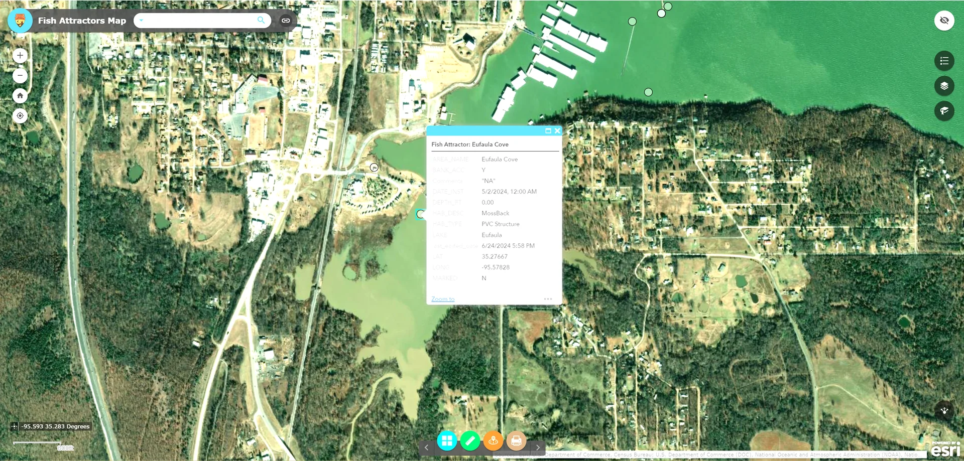 Lake Eufaula satellite map with an Eufaula Cove fish attractor waypoint selected and its popup open.