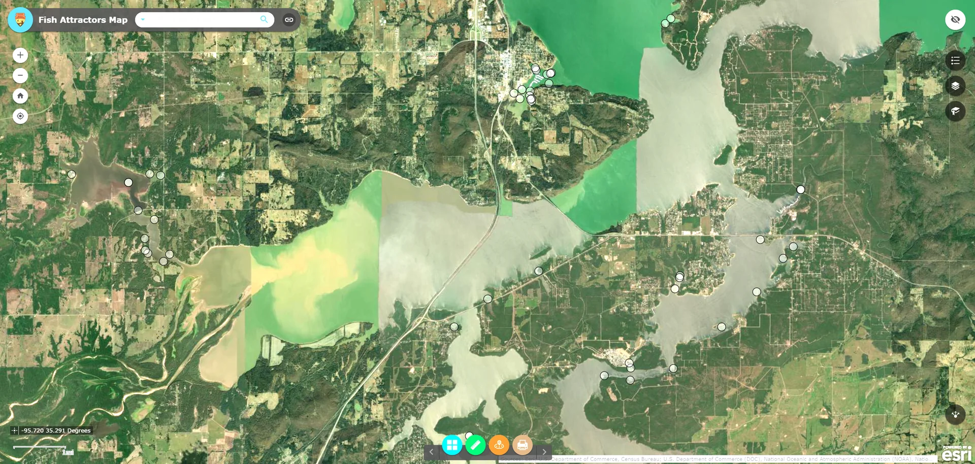 Overview of ODWC fish attractor waypoints across Lake Eufaula.