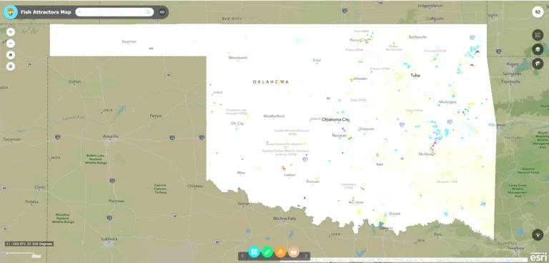 Statewide view of the ODWC Fish Attractors Map showing attractor waypoints across Oklahoma.