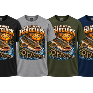 It’s Always Fish O’Clock fishing shirt in Black, Heather Gray, Military Green, and Navy