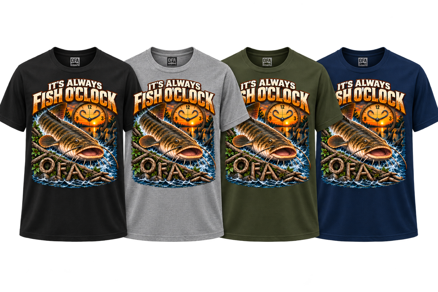 It’s Always Fish O’Clock fishing shirt in Black, Heather Gray, Military Green, and Navy