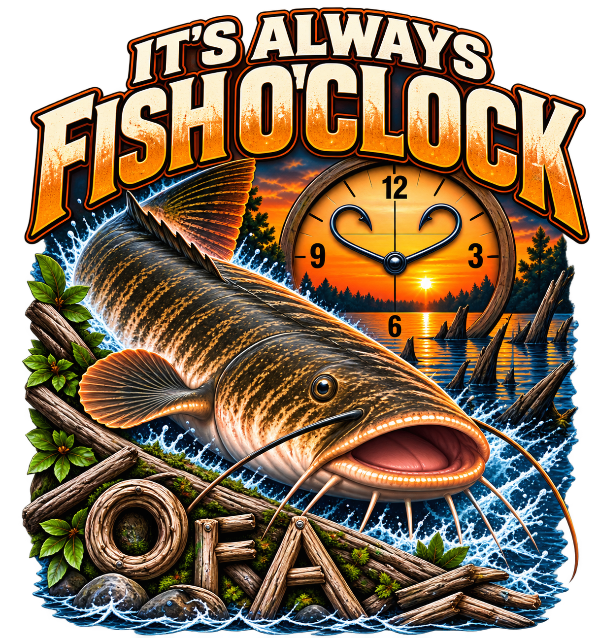It’s Always Fish O’Clock funny fishing shirt artwork with flathead catfish and hook-handed clock