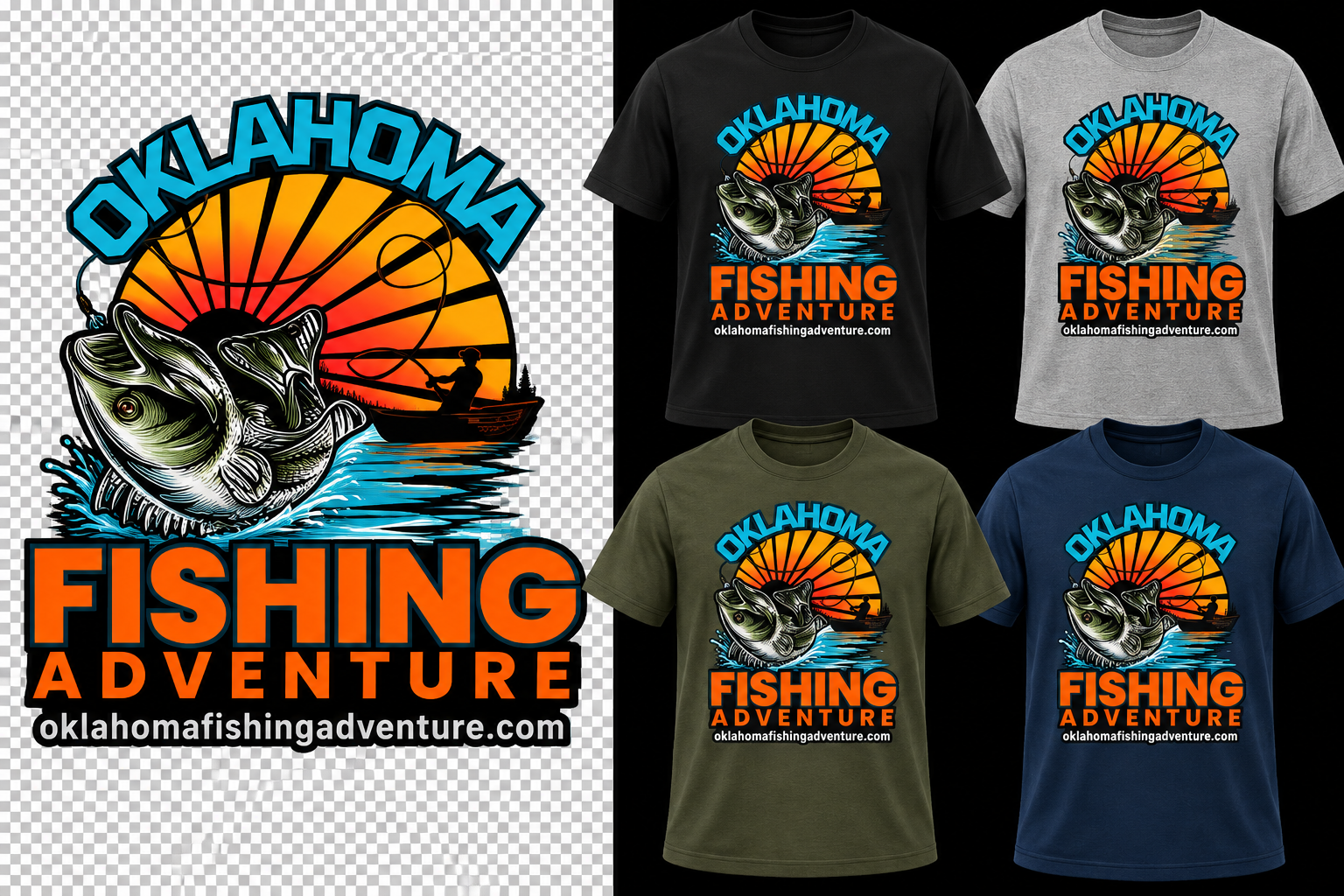 OFA logo T-shirt four-color mockup in Black, Heather Gray, Military Green, and Navy