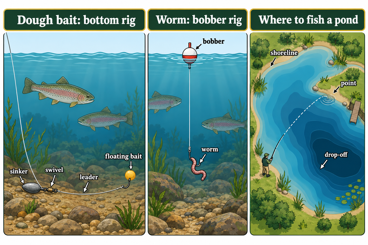 Illustrated trout pond fishing setups: bottom dough bait rig, small spinner retrieve, and where to cast near a point and drop-off.